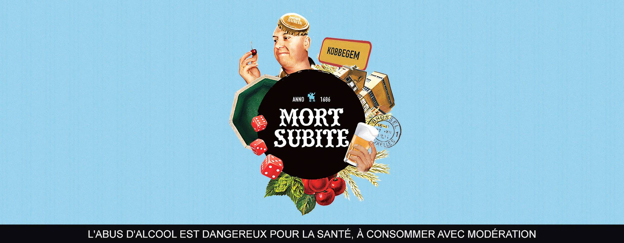 Bannière promotionnelle pour la bière Mort Subite avec un collage illustratif comprenant un homme tenant une cerise et un verre de bière, des dés rouges, et des éléments symboliques sur fond bleu clair.