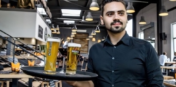 Un serveur souriant en uniforme noir sert deux bières à la pression dans un restaurant moderne et lumineux.