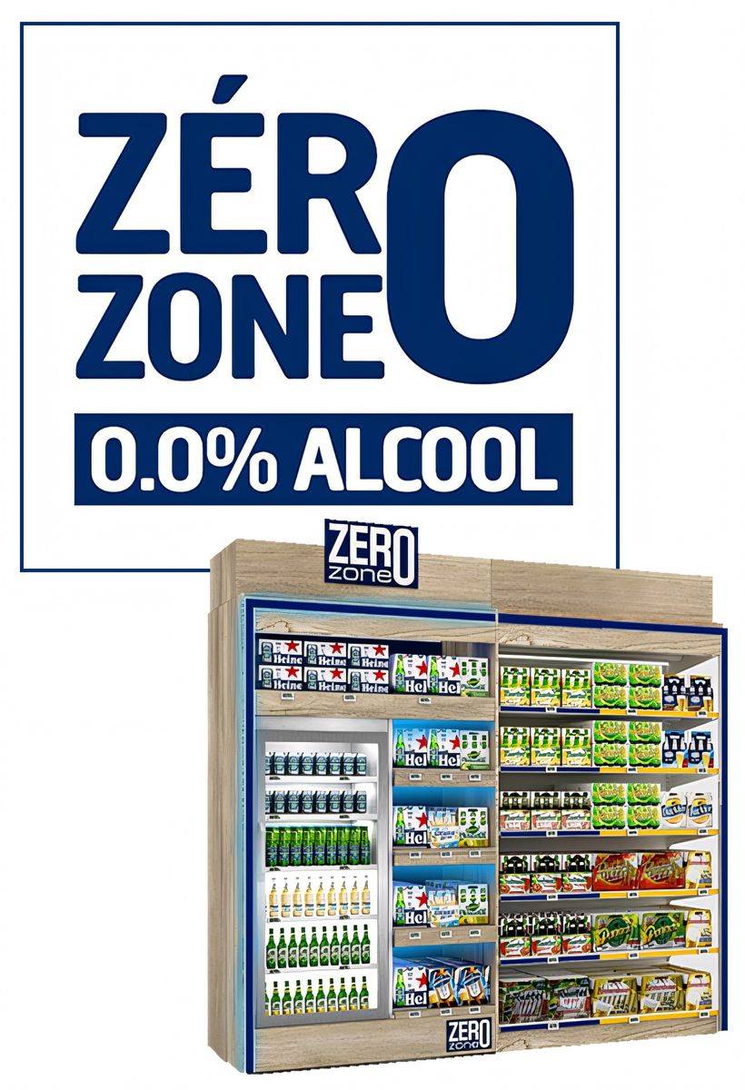 Affiche de la "Zero Zone" avec le texte "0.0% Alcool" en bleu et une image d'un rayonnage rempli de boissons sans alcool, principalement des produits Heineken 0.0% et d'autres boissons sans alcool.